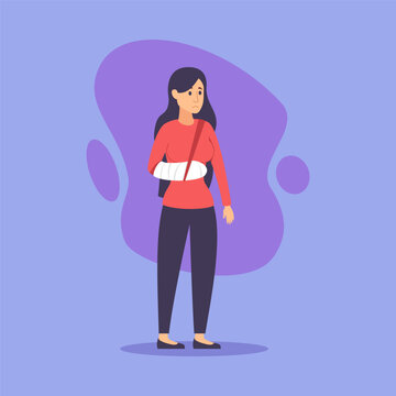 Sad woman with broken arm vector illustration. Female cartoon character having arm in plaster cast. Accident, medicine and healthcare concept