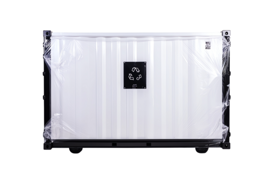 A metallic storage container with a sleek design, featuring a black label displaying recycling symbols.