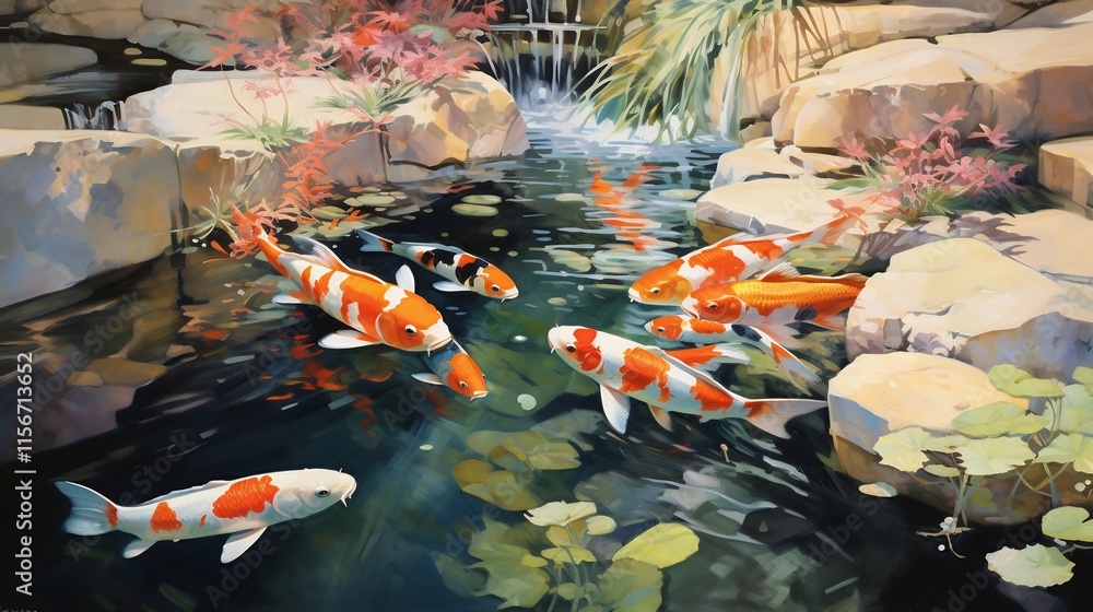 Poster peaceful pond filled with colorful koi fish of various sizes surrounded by rocks and lily pads creat