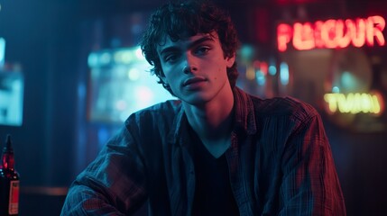 Fototapeta premium Intense Portrait of a Young Man in a Bar at Night