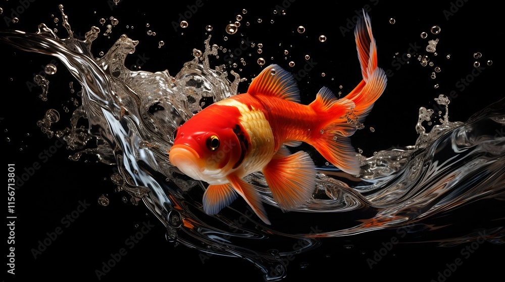 Poster vibrant koi fish jumping from serene pond with splashing water in dynamic motion graceful and elegan