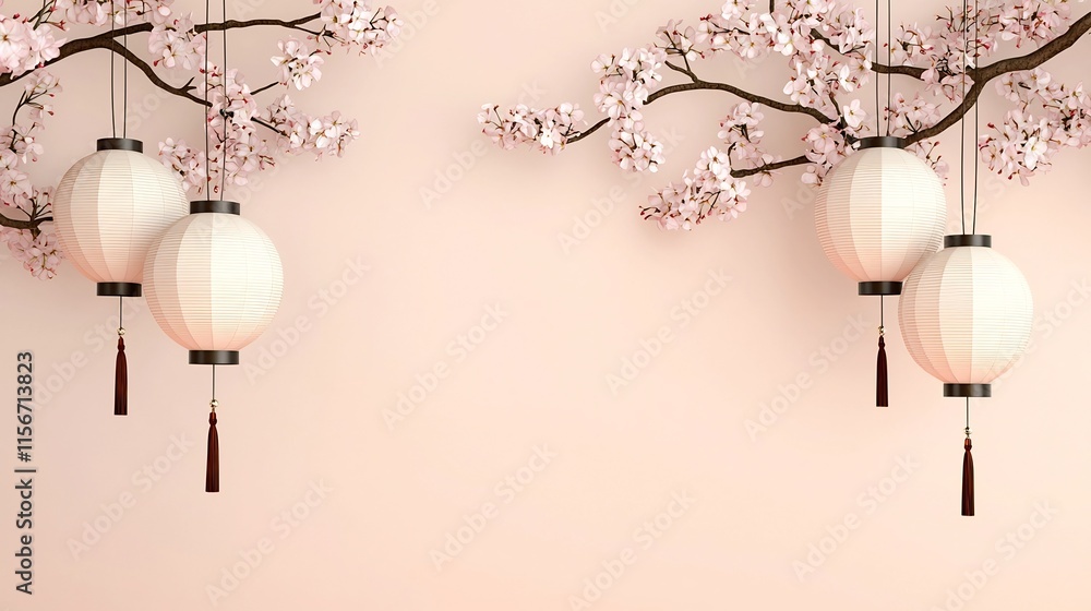 Poster vibrant and clean 3d depicting a dynamic composition of festive lanterns adorned with delicate cherr