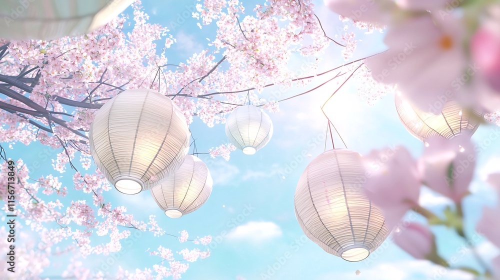 Poster mesmerizing 3d depicting dynamic lanterns adorned with cherry blossoms set against a vibrant and cle
