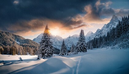 snowfall and beautiful sunset image
