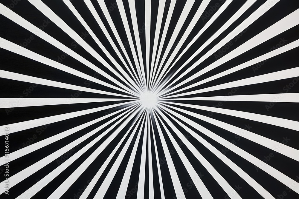 Poster abstract black and white radial lines converging towards a central point, creating an optical illusi