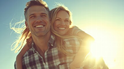Obraz premium Joyful couple enjoying sunny day outdoors with bright smiles