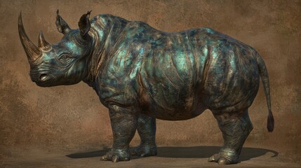 Fototapeta premium Bronze Rhino Sculpture with Textured Surface and Realistic Details