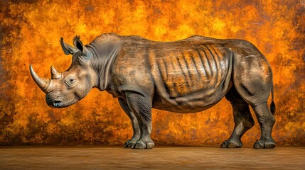 Fototapeta premium Realistic Rhinoceros Standing Against an Orange Textured Background