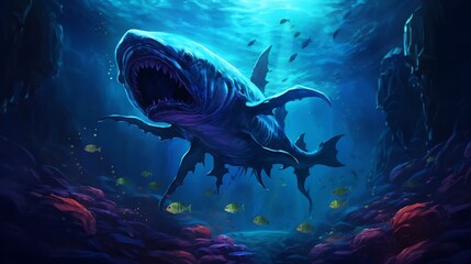 Majestic leviathan gracefully swimming through the ethereal bioluminescent depths of the ocean surrounded by enchanting schools of glowing fish