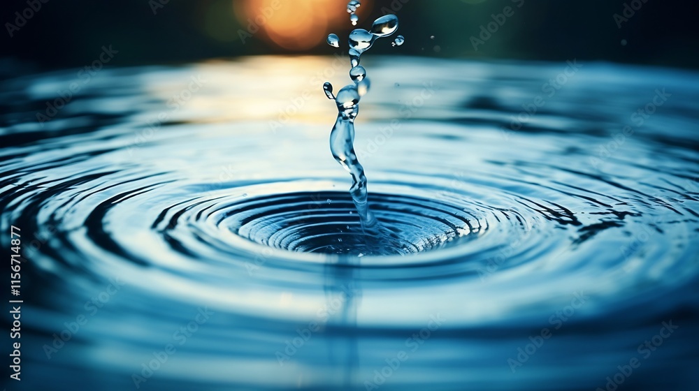 Poster captivating close up of a single water droplet creating a serene ripple effect as it splashes into a