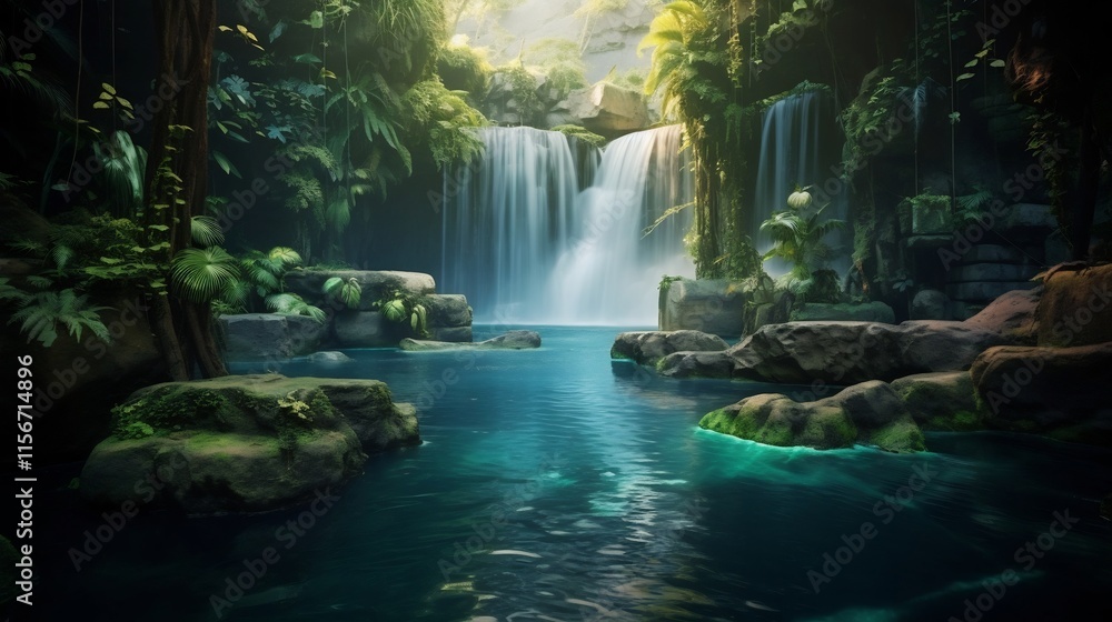 Poster serene waterfall flowing into a pristine pool of drinking water in a lush forest surrounded by verda