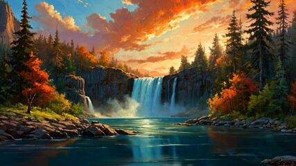 Video footage of serene waterfall cascades into a tranquil river, surrounded by lush, colorful autumn foliage and tall evergreen trees, under a vibrant, dramatic sunset sky