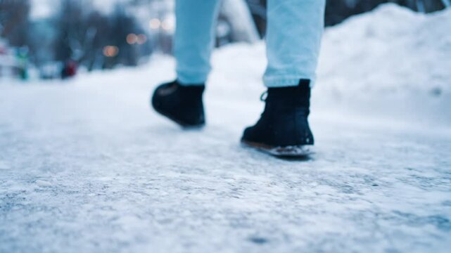 Close-up of black boots carefully stepping on a frozen sidewalk covered with snow and ice, highlighting the danger of slipping during winter