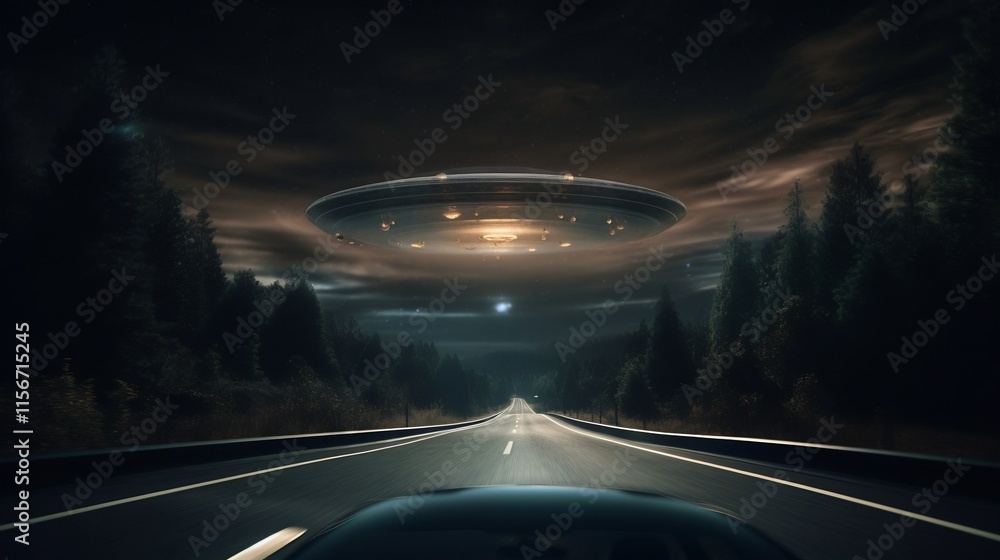 Poster Witnessing a Suspected Unidentified Flying Object Through the Windshield of a Car Driving on a Secluded Nighttime Highway Adding an Enigmatic Element to the Journey