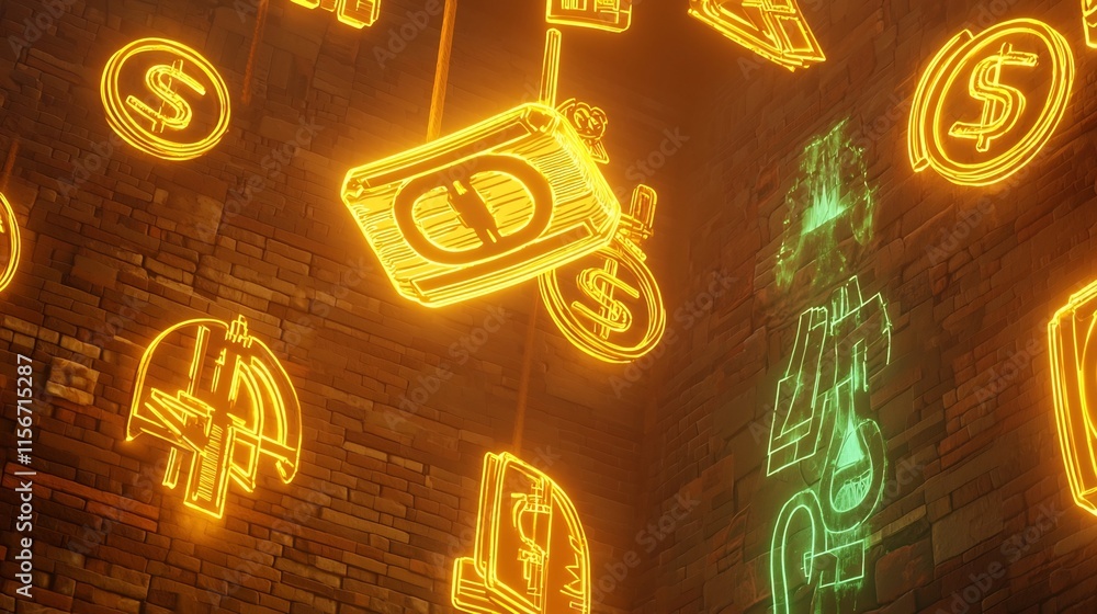 Poster glowing golden ingots and prosperity icons with a dynamic illuminated effect set against a seamless 