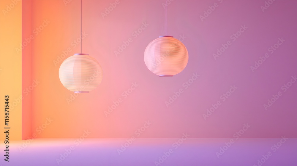 Poster minimalist 3d of chinese lanterns in various warm colors floating on a gradient background with blan