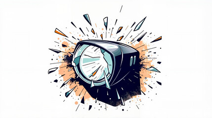 Broken headlight, Dynamic illustration of a broken car headlight with shards flying and an explosion effect
