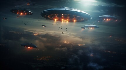 Intense aerial chase scene with a UFO surrounded by a squadron of fighter jets engaged in a high speed pursuit in the cloudy sky