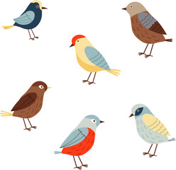 Set with colorful birds. Postcards with feathered animals. For postcards and decor. Vector illustration
