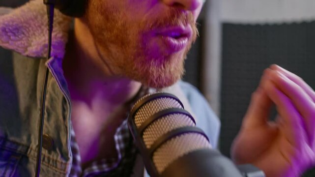 Podcaster's mouth speaking into a microphone Close-up, with camera movement adding intensity. Captures precise lip movements, rich sound dynamics, and the focus of professional podcasting. live show