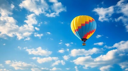 Colorful Hot Air Balloon Soaring Through Blue Sky With Clouds