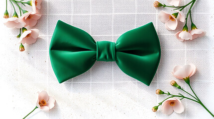  Green bow tie, Sleek green satin bow tie surrounded by flowers on a textured background for St. Patrick's Day celebration