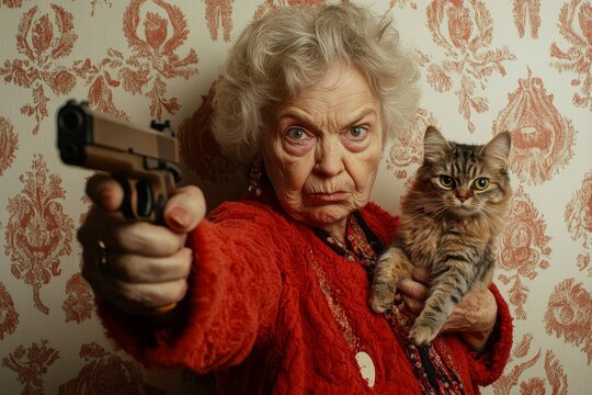 An old woman is holding a gun and a cat