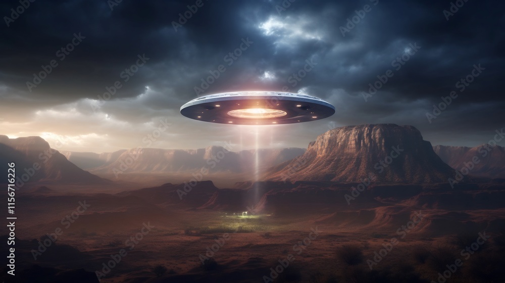 Poster a captivating scene of a futuristic ufo floating silently above an alien landscape with two suns in 