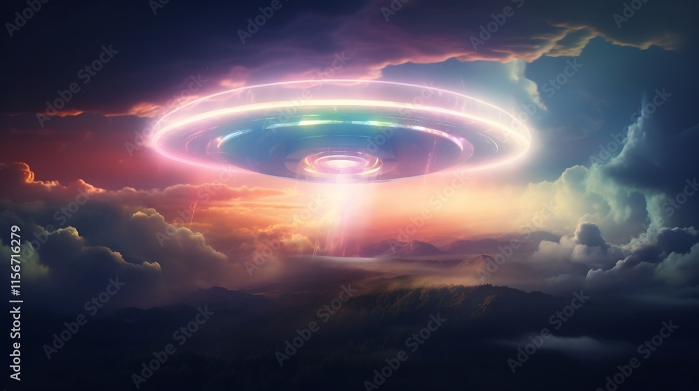 Aufkleber a mesmerizing and enigmatic vision of a glowing ufo cloaked in luminous rainbow hued clouds creating