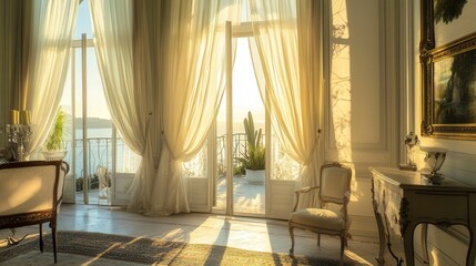 Sunlight streams through sheer curtains in an elegant room with a stunning view of the coastline at dawn