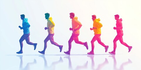 A group of men are running in a line, with one man in the middle of the line