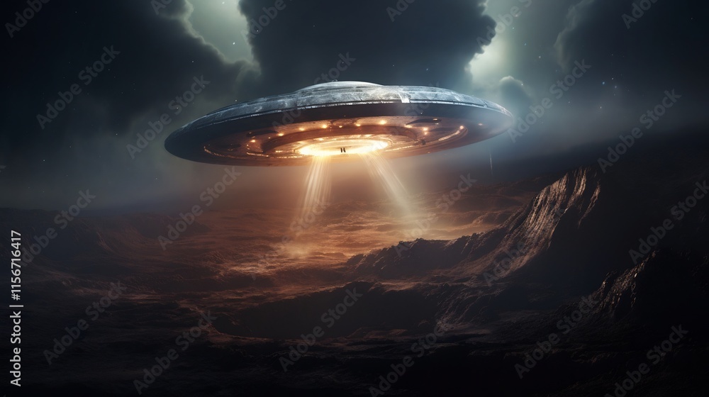 Poster digital artwork depicting a glowing unidentified flying object rising out of a large crater on the s