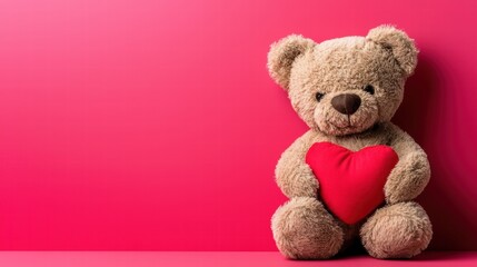 Cute teddy bear holding red heart on vibrant pink background