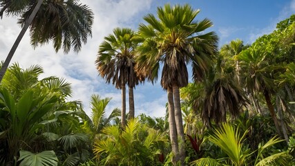 A Natural Canopy of Roystonea Oleracea Palms with Birds and Monkeys in the Rainforest