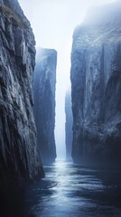 Towering cliffs in pale blue mist, dramatic yet subtle minimalist approach, reflecting harmony between structure and emptiness, perfect for atmospheric visuals
