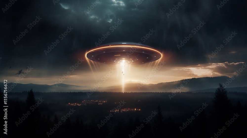 Poster dramatic scene of a mysterious unidentified flying object ufo emerging amidst the sight of a solar e