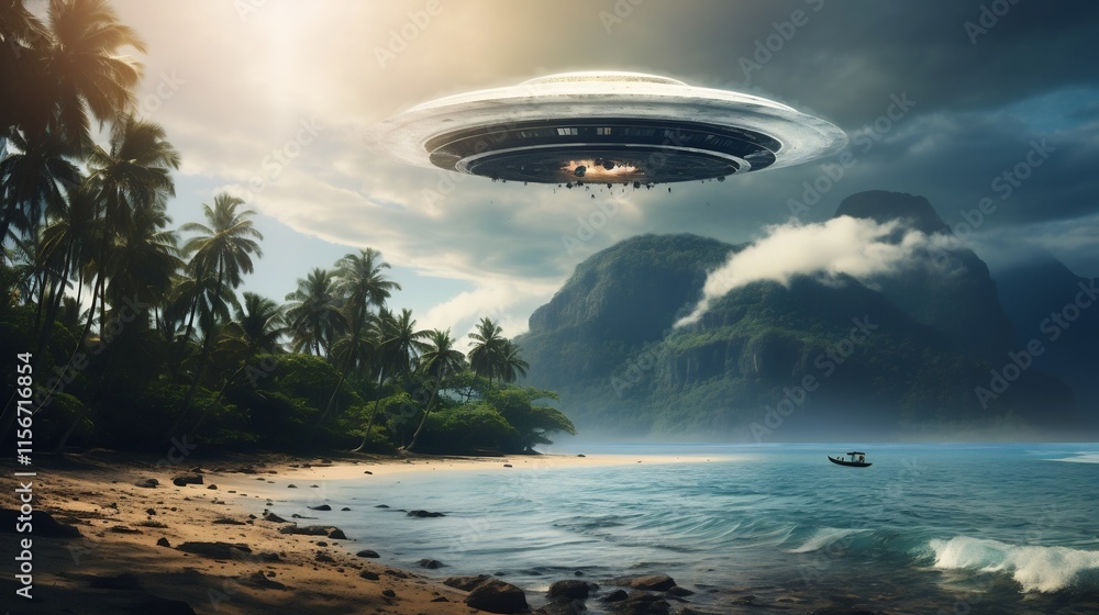 Aufkleber a stunning of a mysterious unidentified flying object an alien spacecraft hovering above the serene 