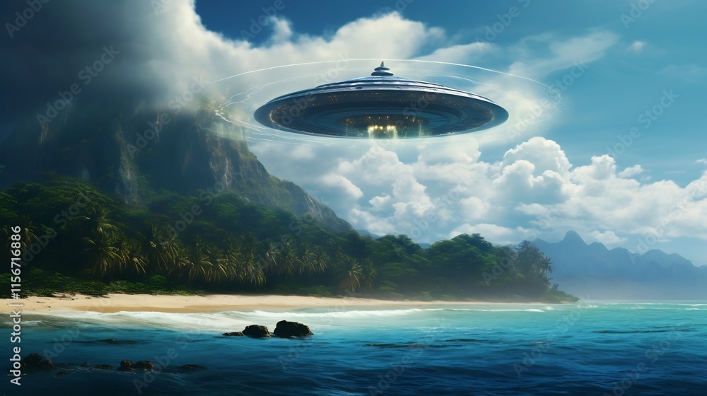 Aufkleber unidentified flying object hovering over a tropical island with crashing waves on the shoreline crea