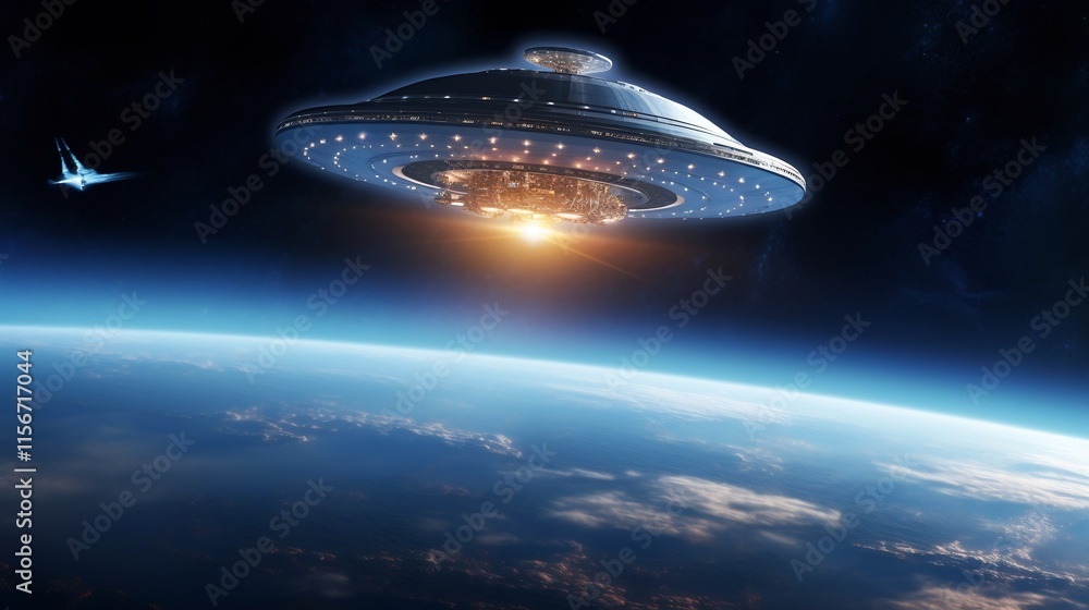 Aufkleber conceptual of a mysterious unidentified flying object ufo interacting with a satellite orbiting the 