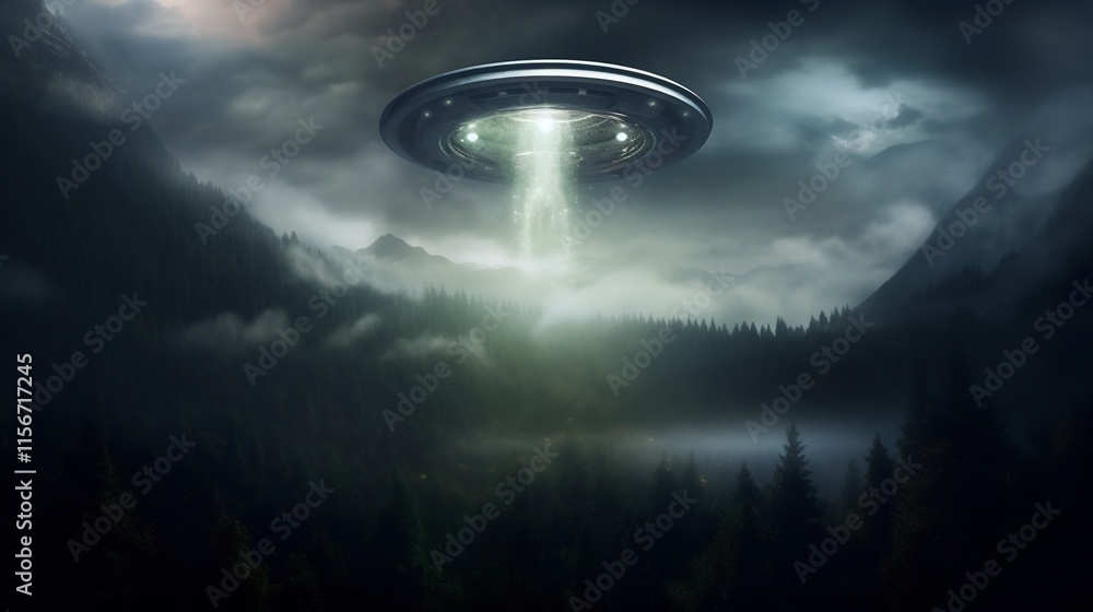 Poster mysterious unidentified flying object ufo descending through thick fog onto a remote rugged mountain