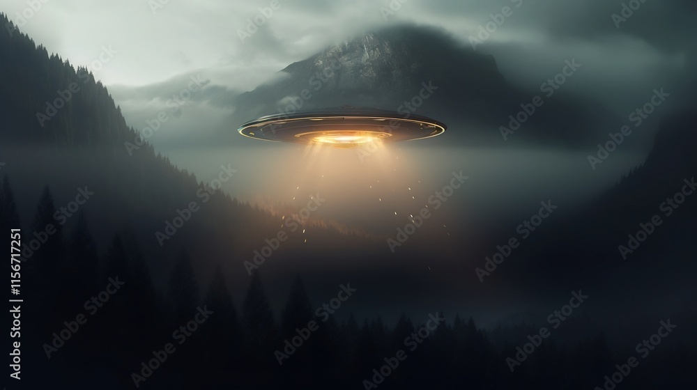 Poster mysterious ufo craft descending through thick fog over a remote rugged mountainous landscape creatin