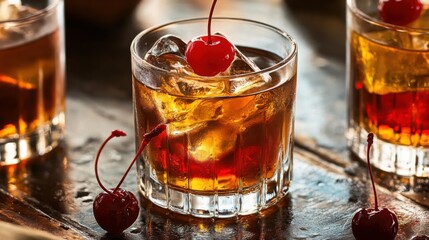 Classic Old-Fashioned Cocktail with Cherry Garnish, Reflecting Balance and Joy in Life's Simple Pleasures