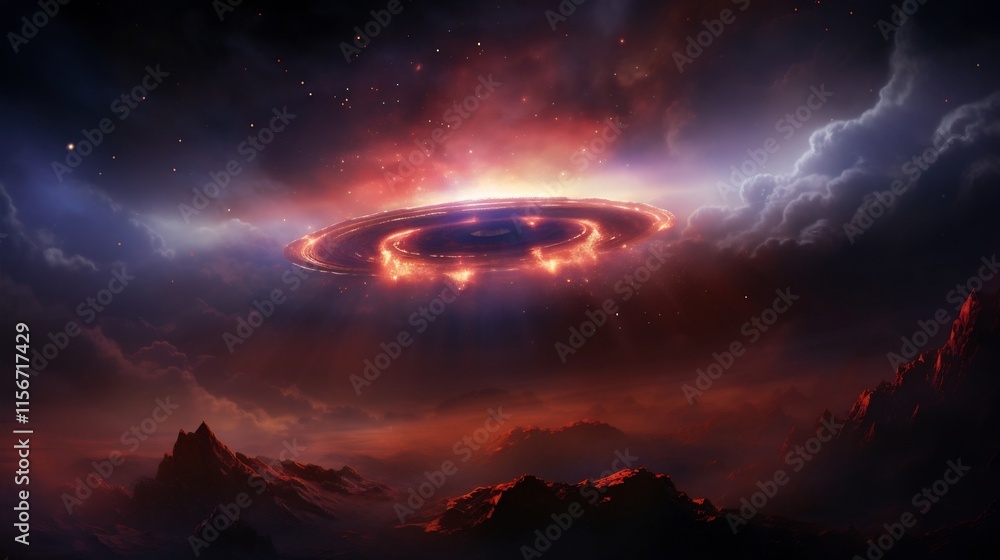 Poster mysterious ufo craft floating in ethereal luminous cosmic nebula surrounded by twinkling stars and g
