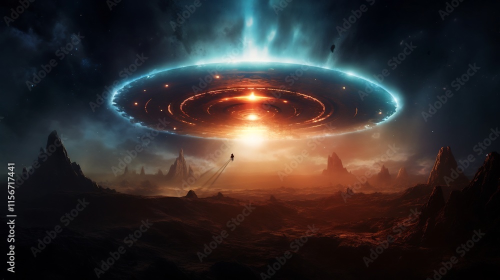 Poster captivating image of a mysterious unidentified flying object ufo hovering within a vibrant otherworl