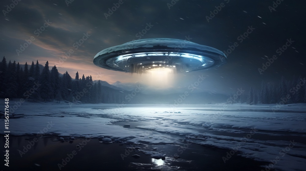 Poster mysterious ufo craft hovering in the darkened sky above a frozen lake with cracks and fissures formi