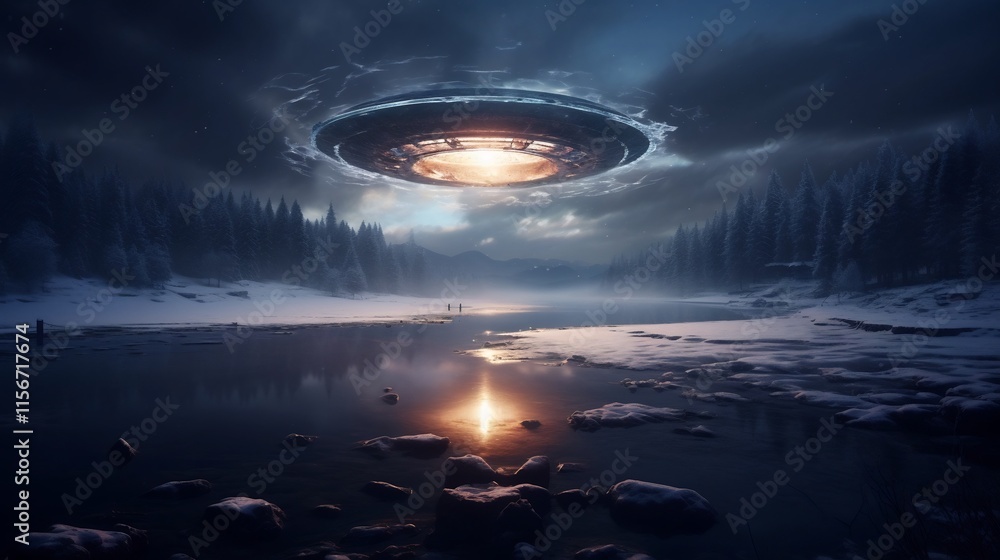 Poster mysterious ufo hovering above frozen lake with cracks forming in the icy surface below suggesting an