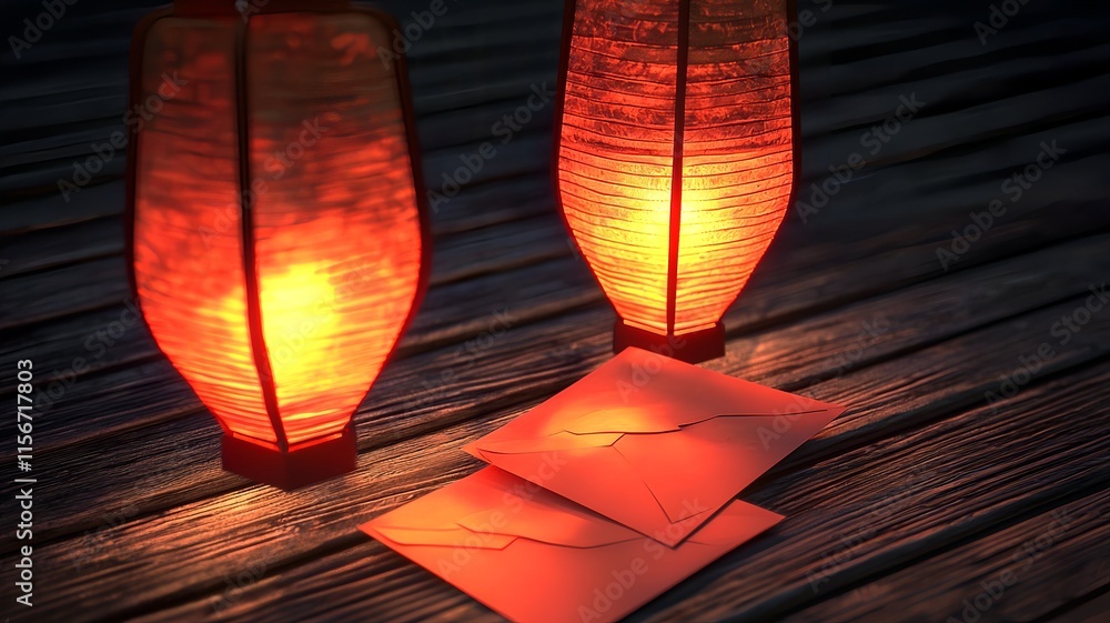 Poster vibrant red envelopes and glowing lanterns set against a minimalist backdrop creating a serene and a