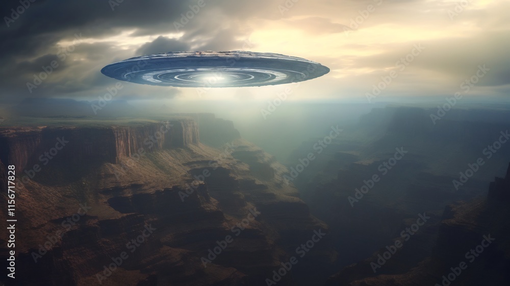 Poster mysterious unidentified flying object hovering above the edge of a breathtaking canyon landscape cas