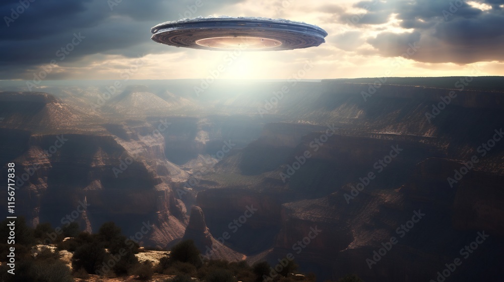 Poster a mysterious unidentified flying object appears to hover precariously at the edge of a towering clif