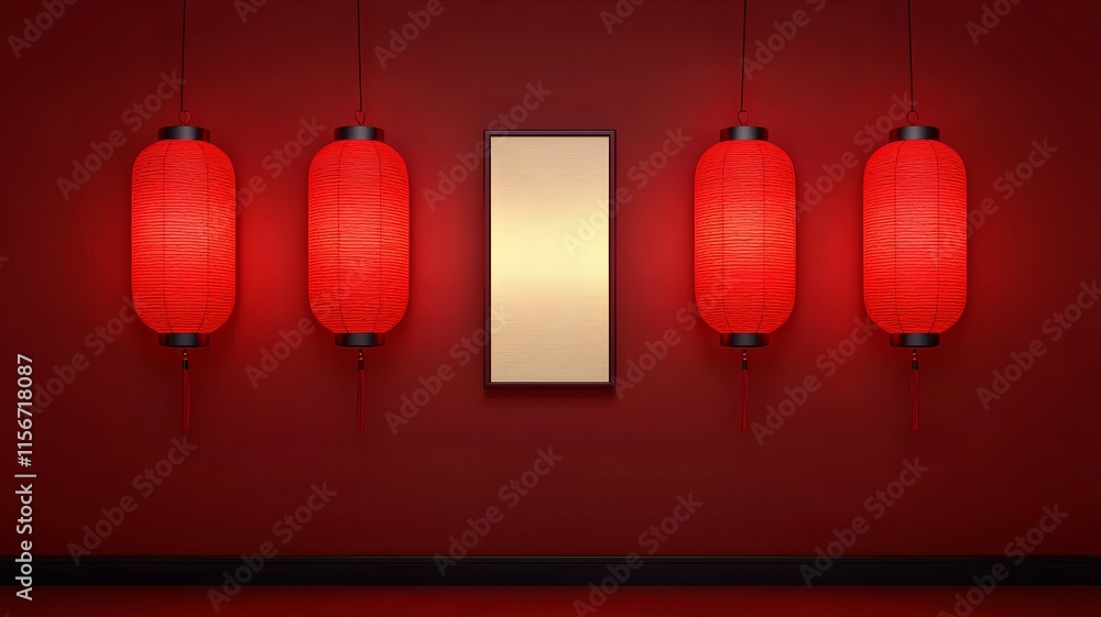 Poster vibrant and elegant red envelopes and glowing lanterns on a minimalist backdrop with a reserved text